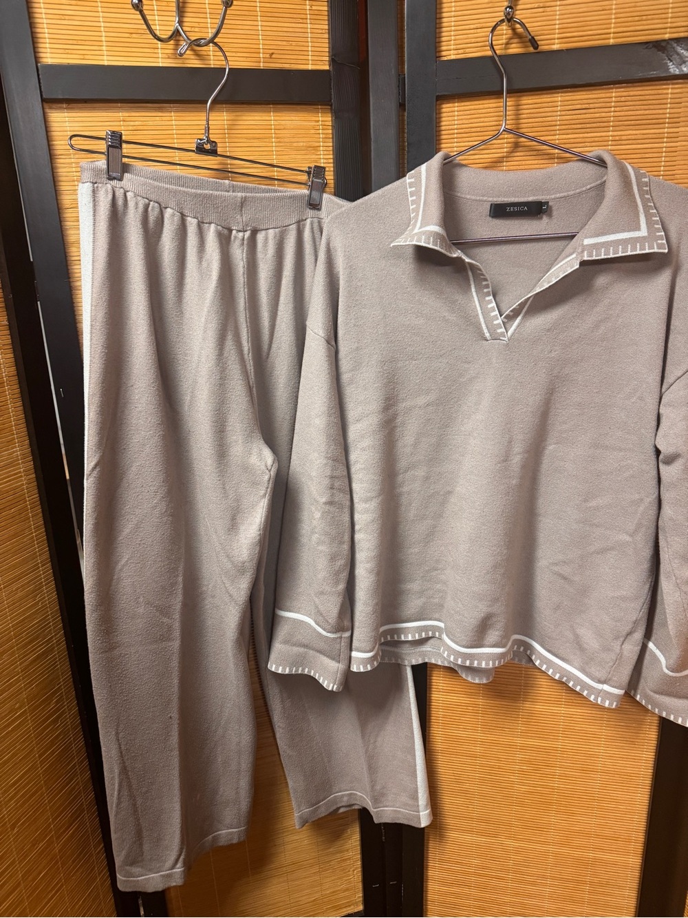 ZESICA Womens Size Large Beige Knit Lounge Set Polo Sweater & Wide Leg Pants